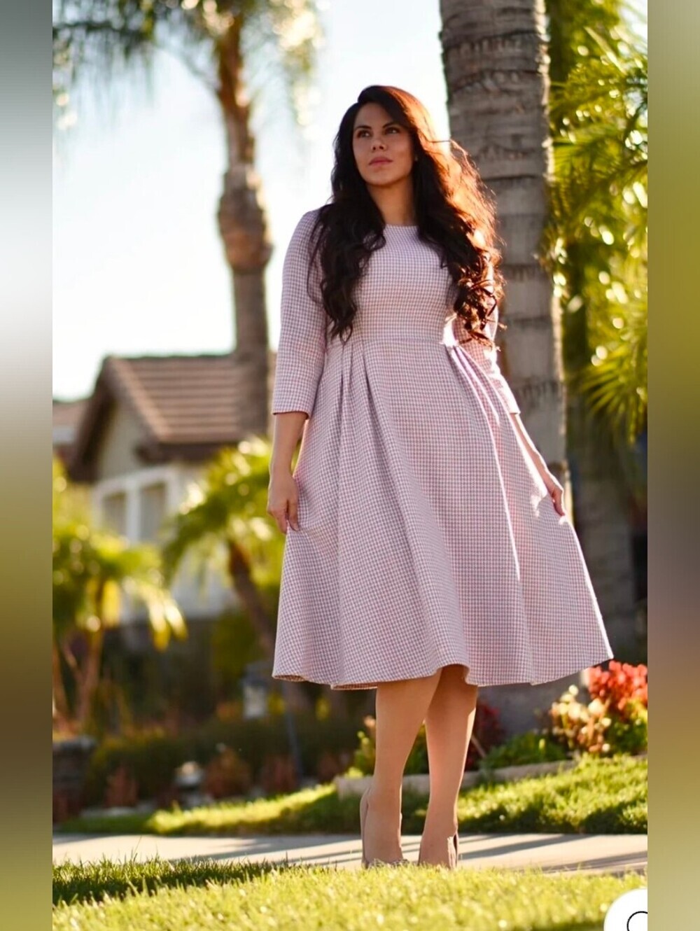 Pink Gingham Midi Dress A-Line